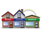 Image of three stores with a rainbow behind